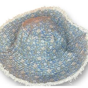 Natural LIfe Bucket Hat Canvas Sun OS Adjust Travel Hike 4" Brim Floral Blue